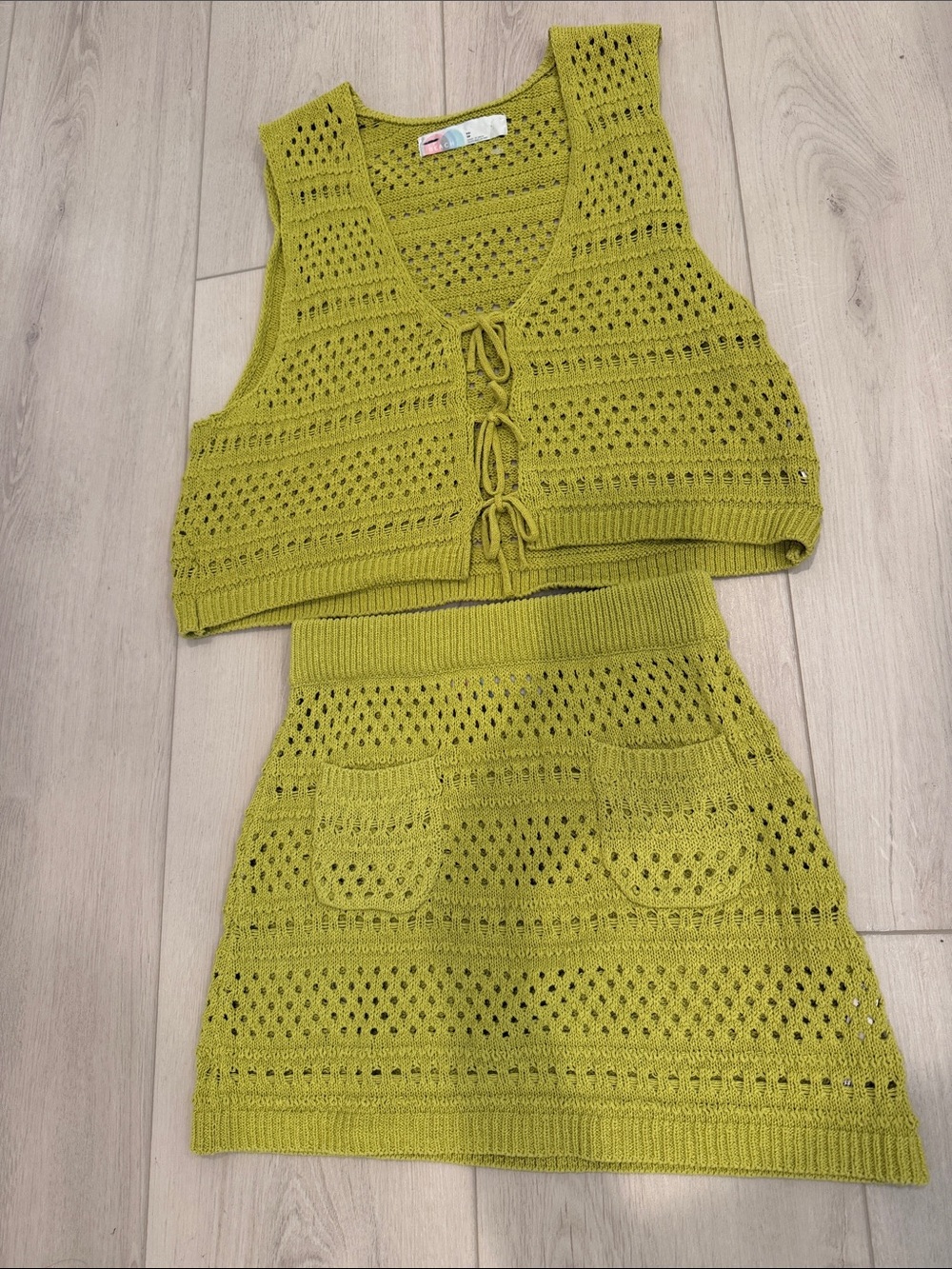Free People Beach Knit Two-Piece Tank & Skirt Set in Olive Green SZ XS